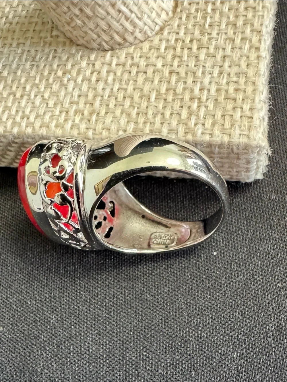 Red Coral Oval Cabochon Stone Ring w/ Sterling Filigree Design Surrounding Stone
